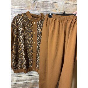 Sport Savvy LeChute Banded Collar Jacket and Pants Set 2X Animal Print Brown NWT